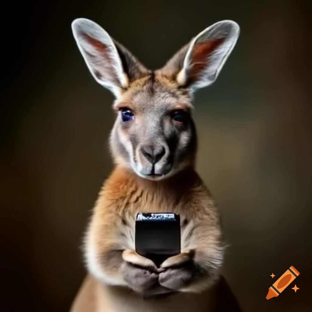 Kangaroo holding cell phone in front of a portrait