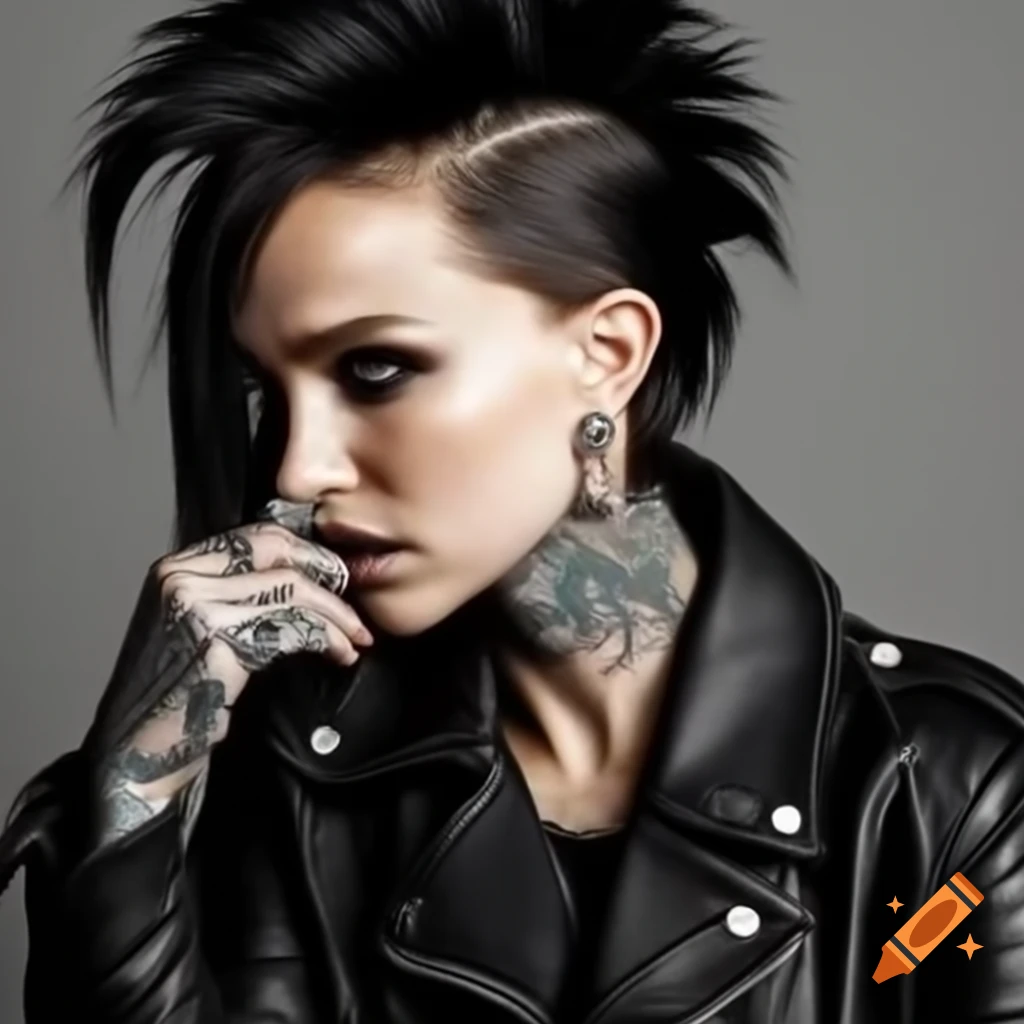 Gothic punk style with mohawk, tattoos, and leather jacket