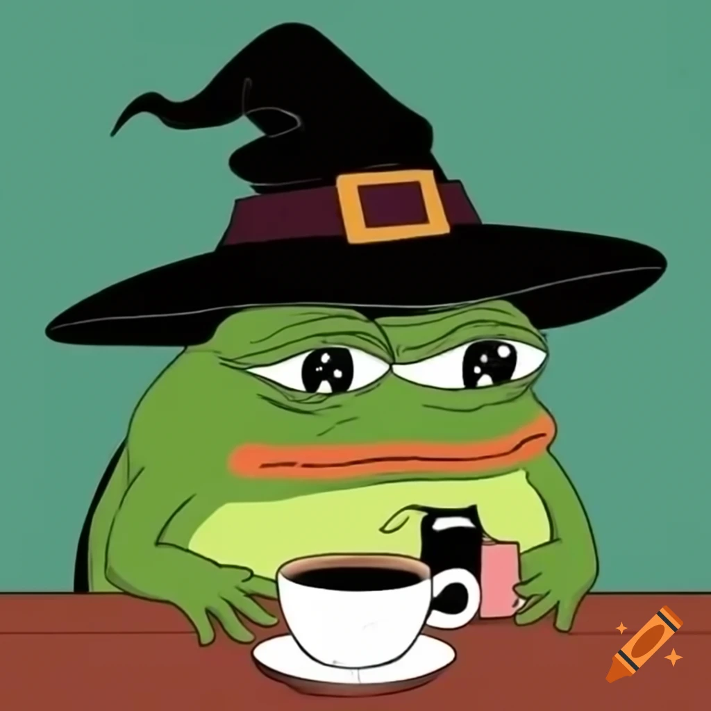 Grumpy frog wearing witch hat holding coffee cup