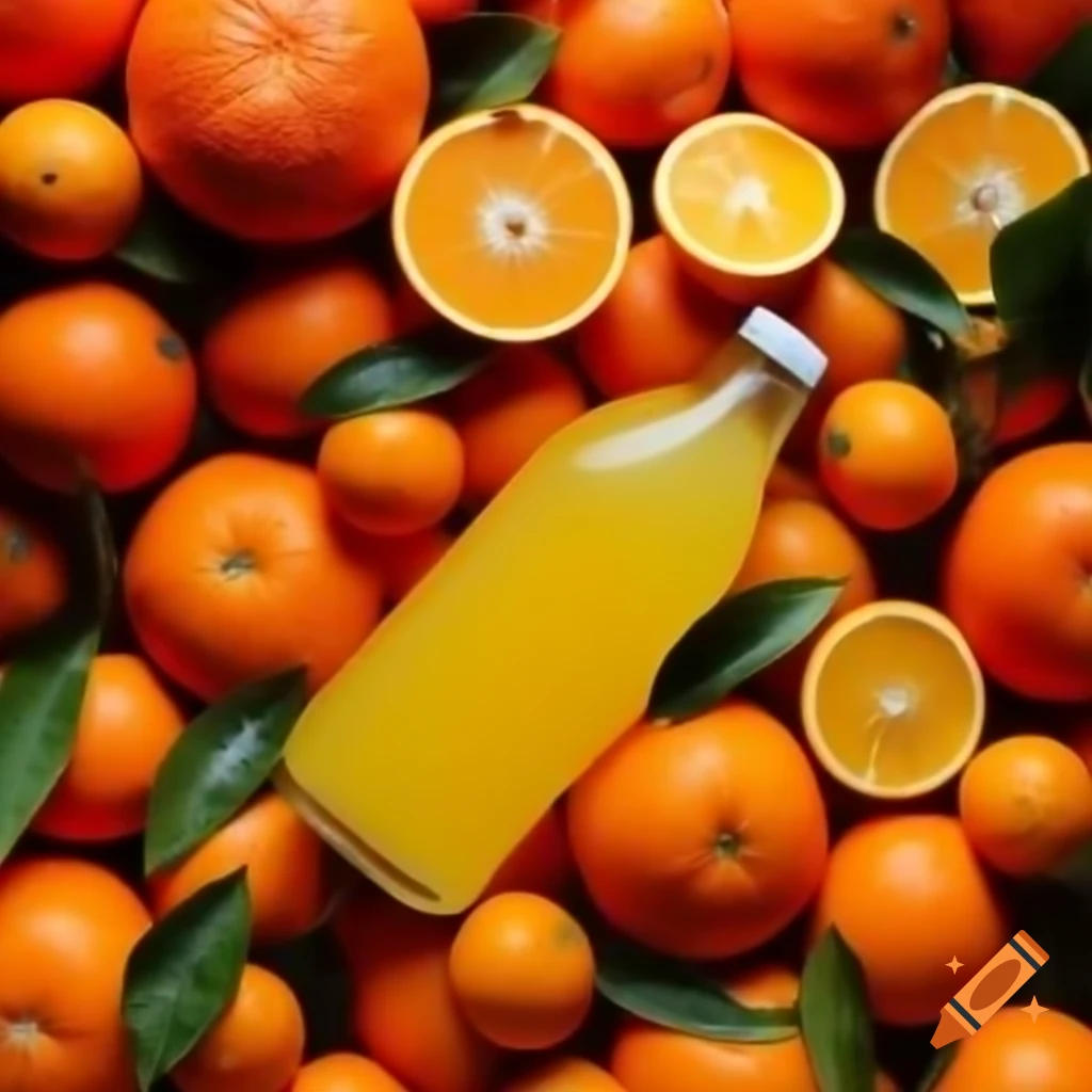 Bottle of juice surrounded by oranges and fruits, overhead view