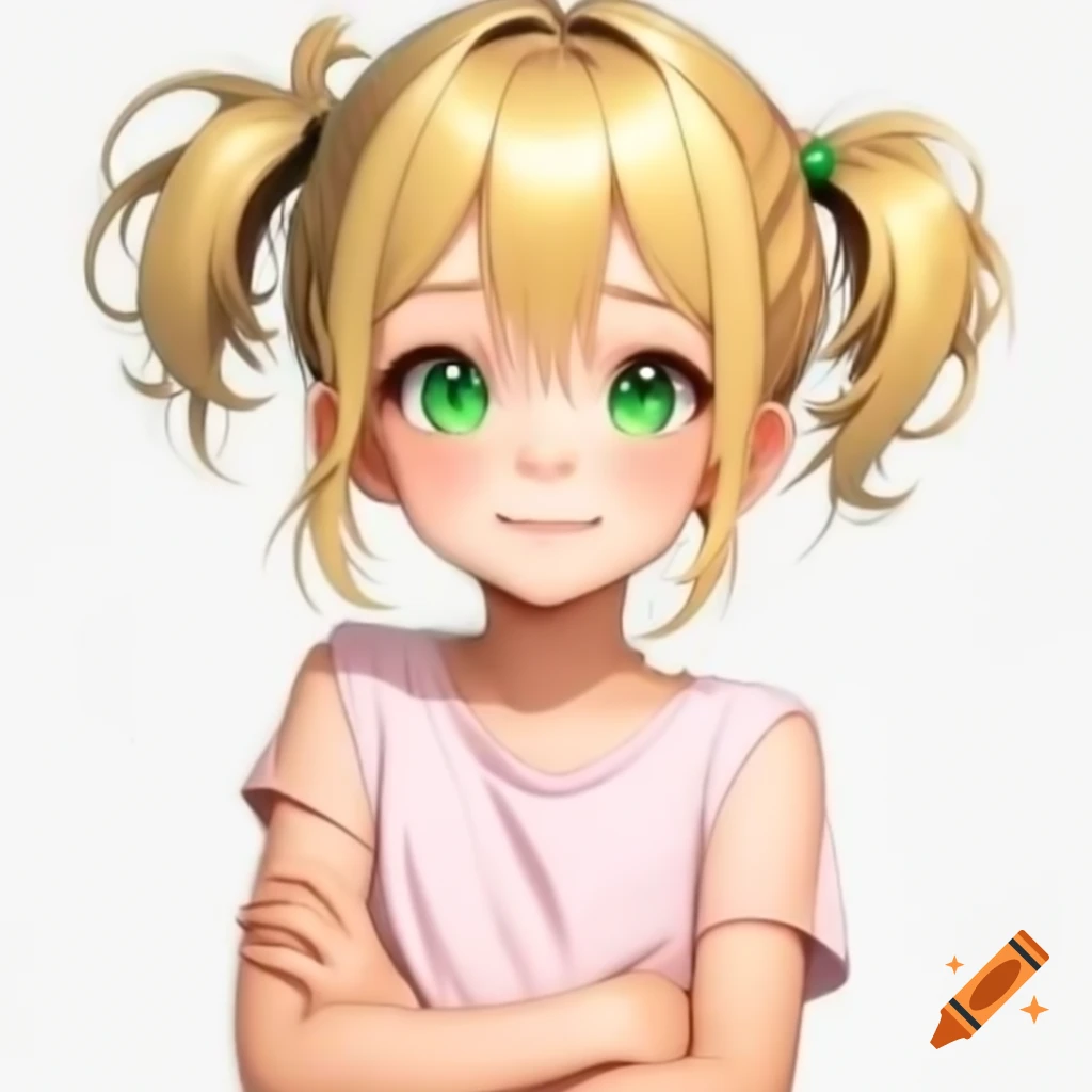 Anime girl with blonde hair and green eyes, arms crossed in light pink t-shirt