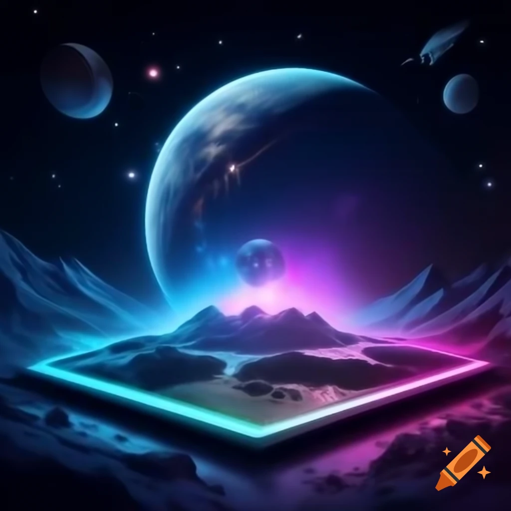 Energetic cartoon space landscape with laser lights and electronic elements