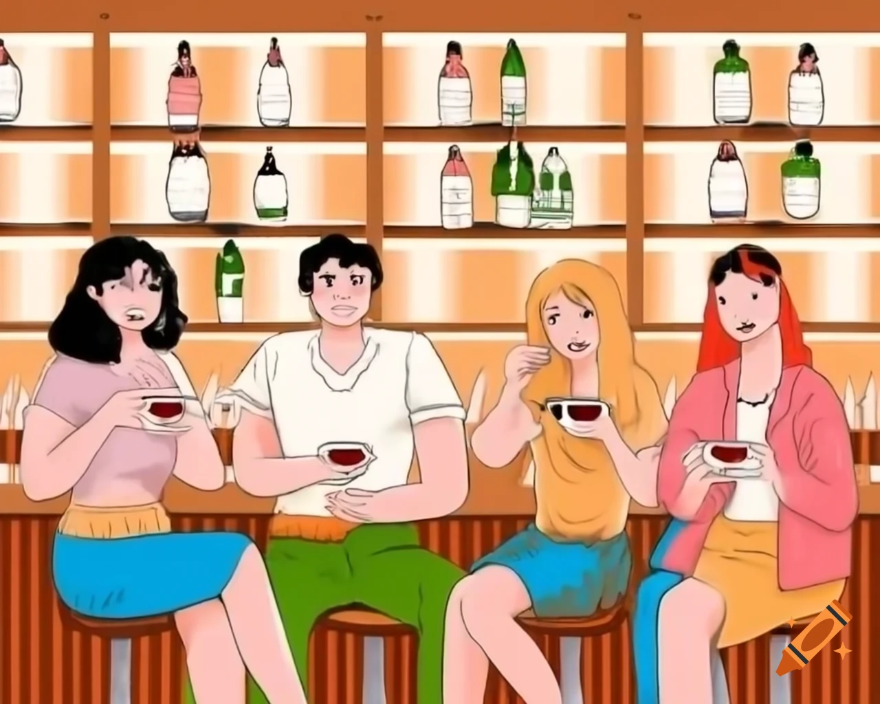 Four friends enjoying tea in a cozy bar setting