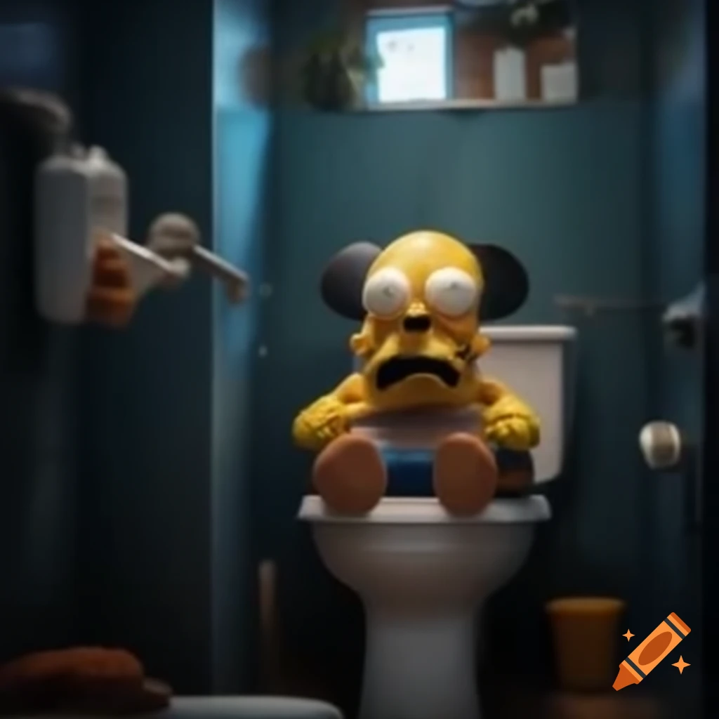 Surreal scene with cartoon characters in an unusual bathroom setting