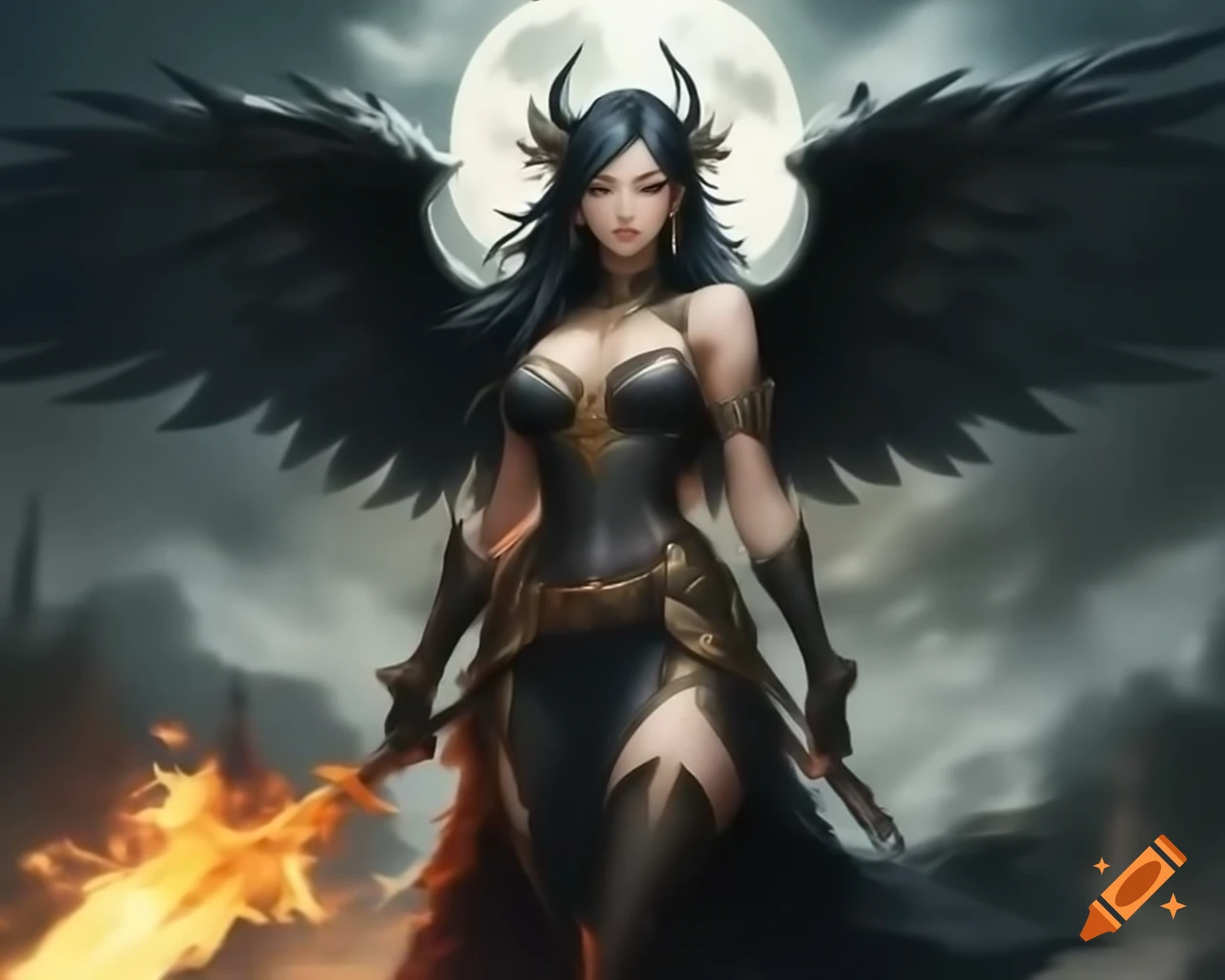 Dark fantasy character with wings in misty moonlit background