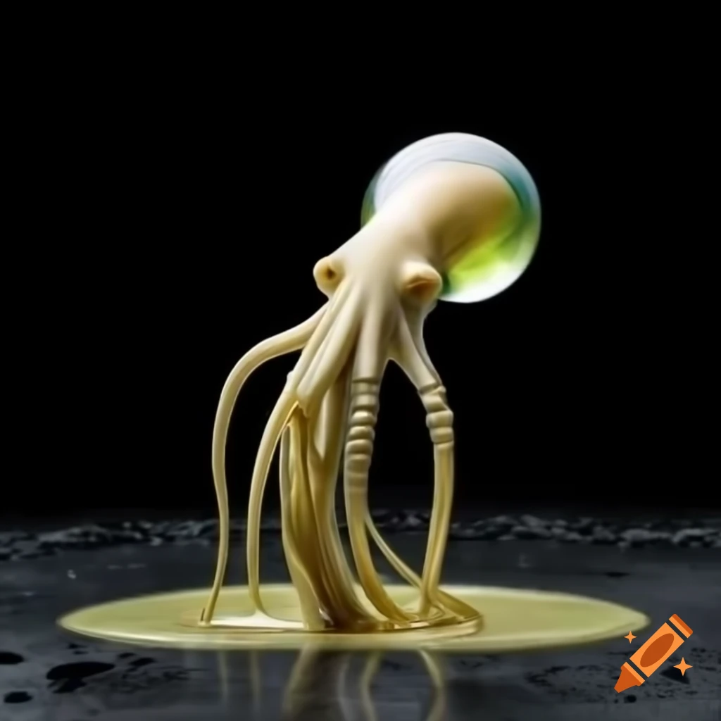 Gooey puddle with grotesque squid-like orb on black background