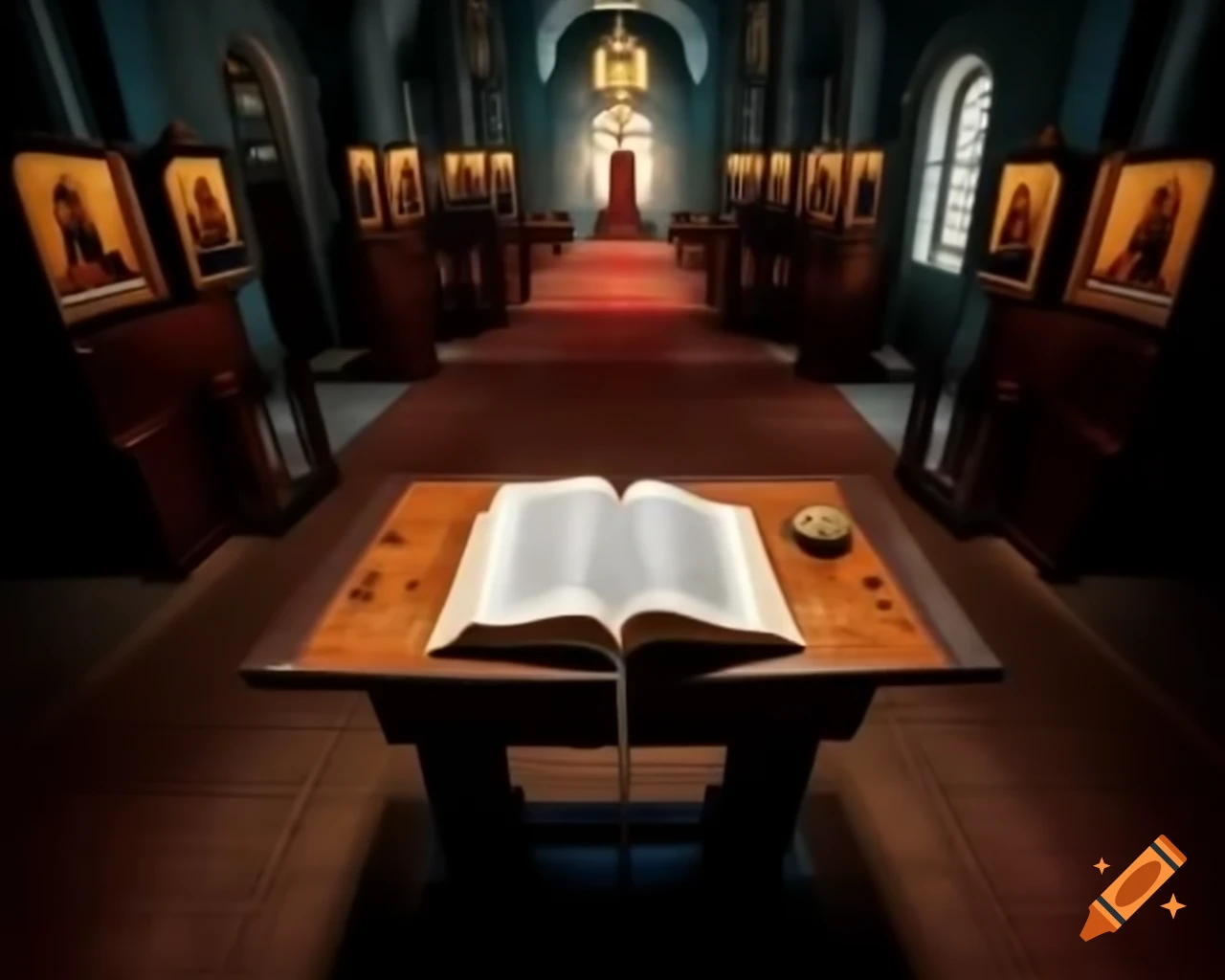 Open book on table in church with iconostasis and beautiful illumination