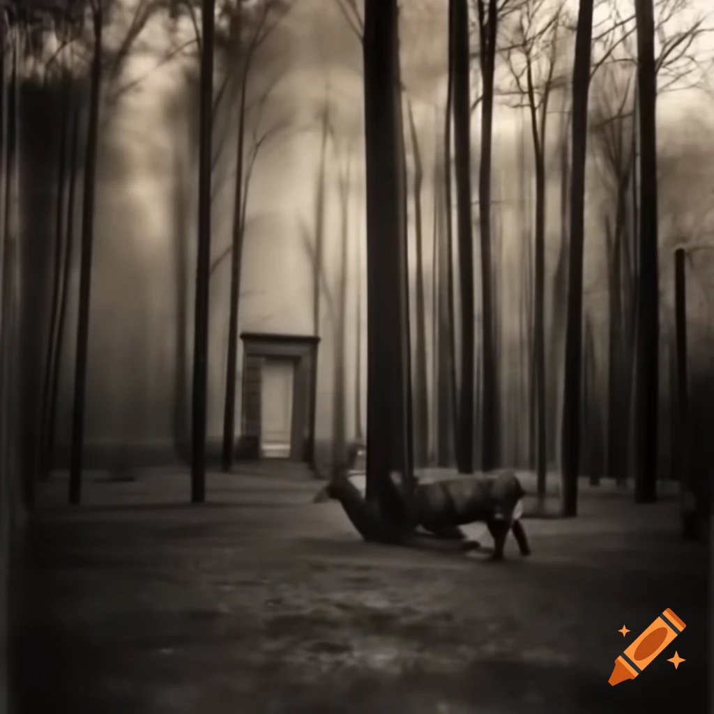 Family of deer amidst nature reclaiming burnt building in dreamy scene