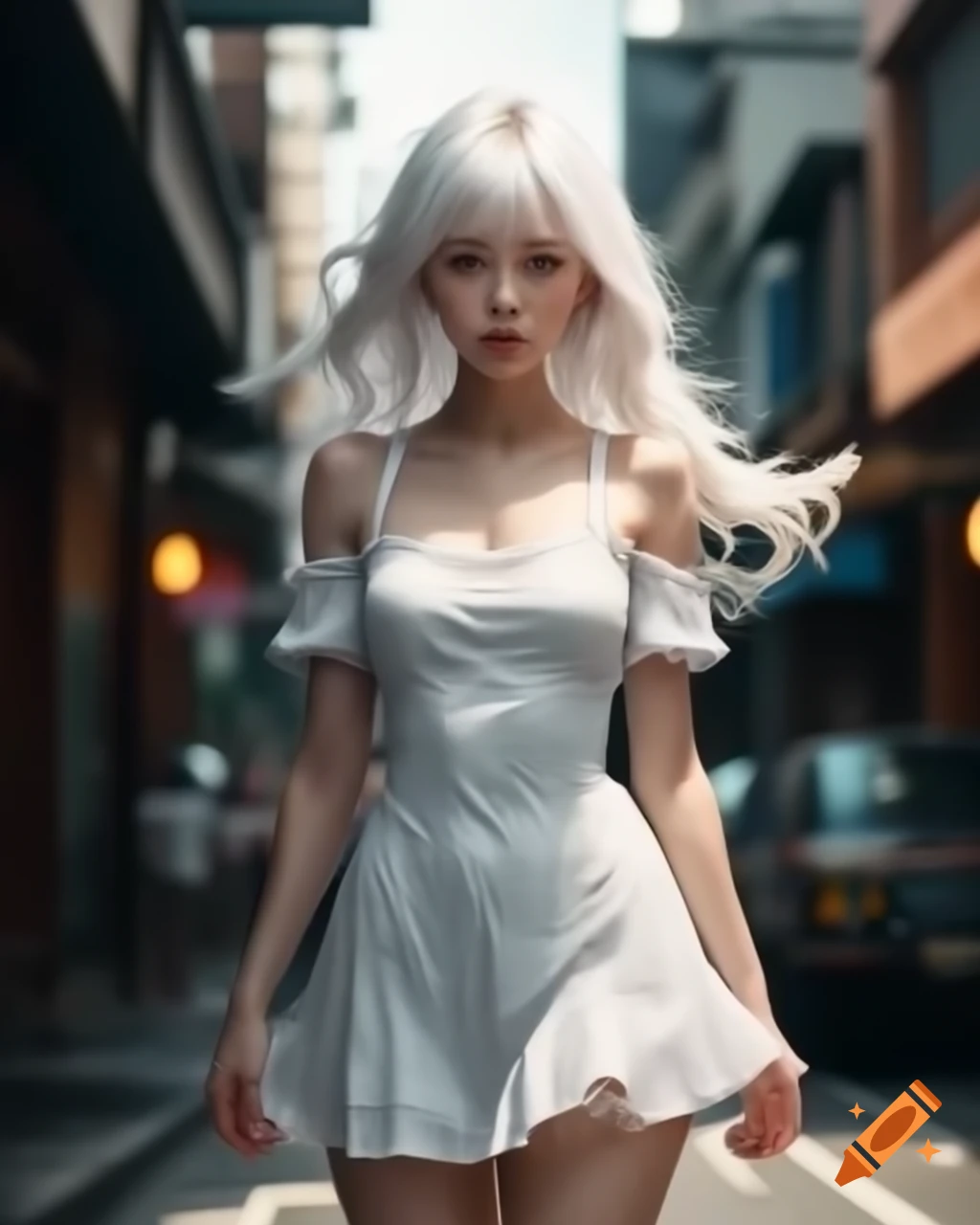 Anime character with white hair in sundress walking on street