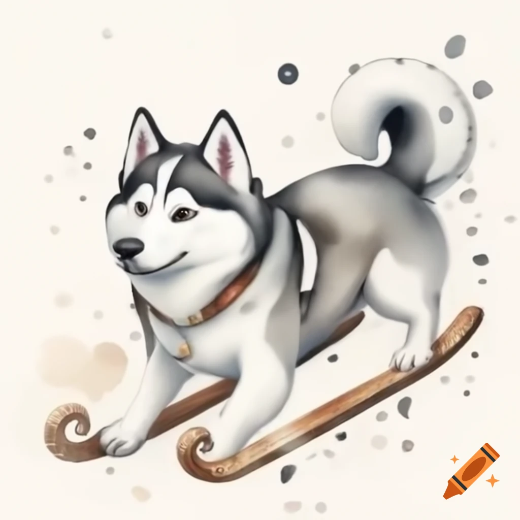 White husky sled dog in watercolor shades of white and grey, cartoon style