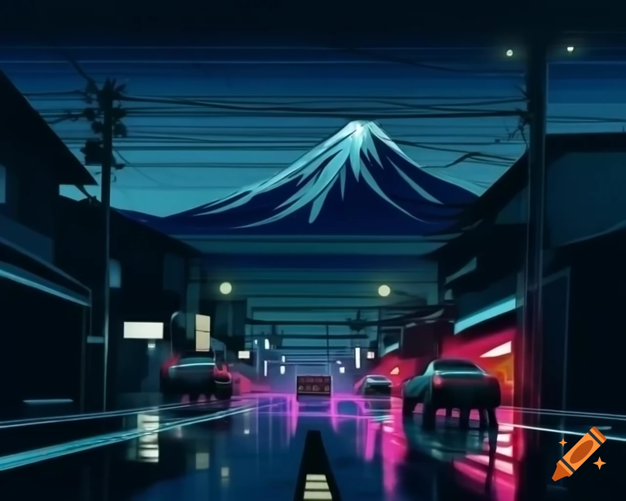 Vaporwave painting of Japanese mountain road at night with street racers in rain