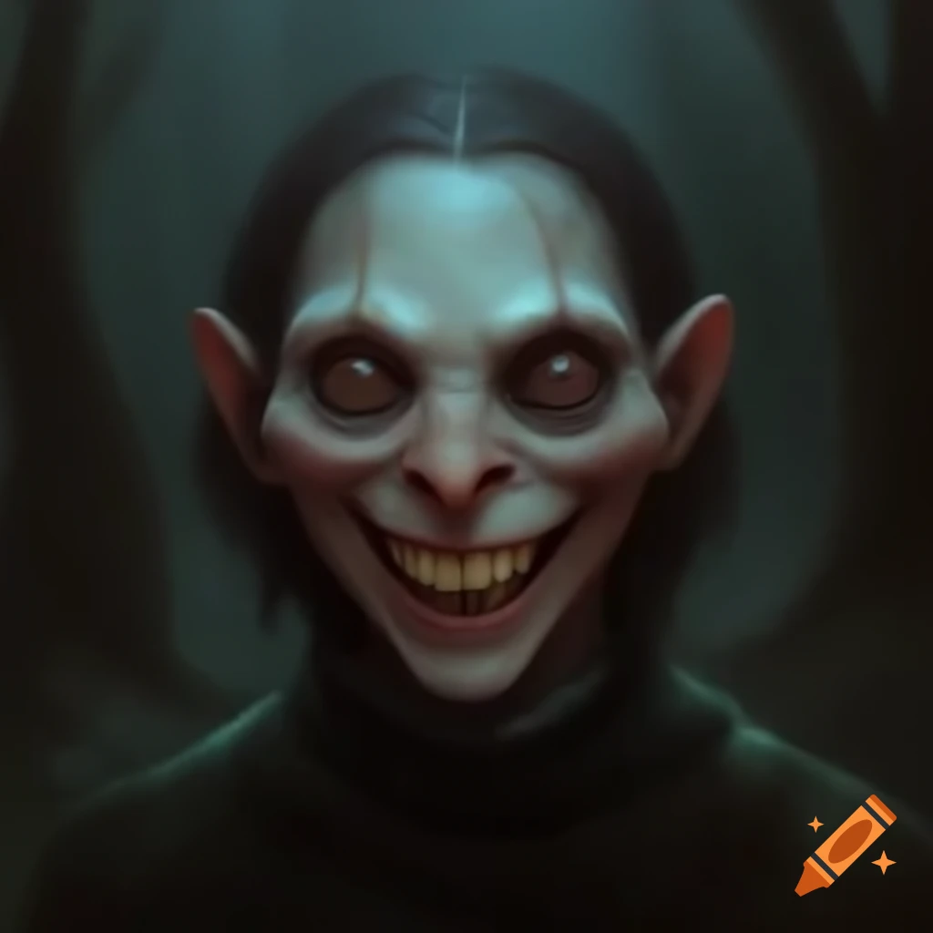 Uncanny valley portrait featuring a smiling figure with an unnatural expression