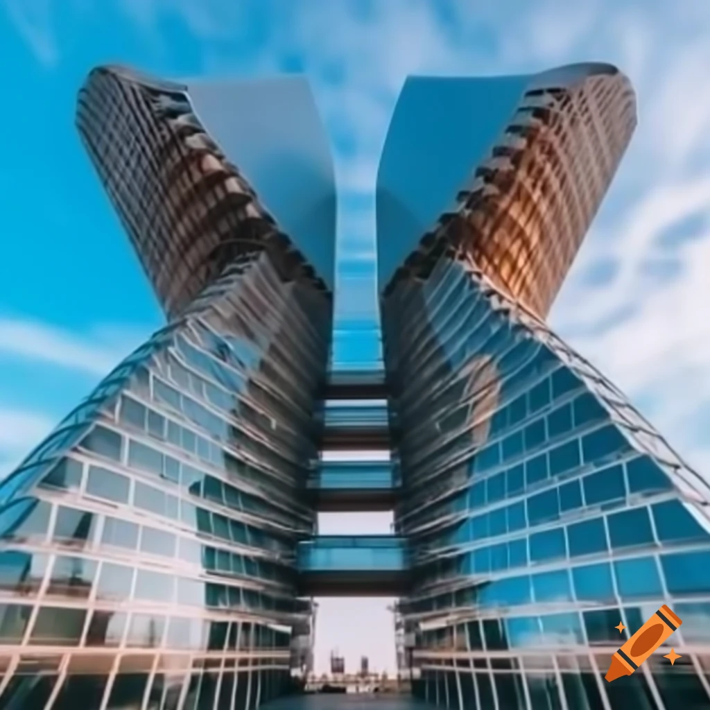 Ladder-shaped building with glass towers and connecting pathways