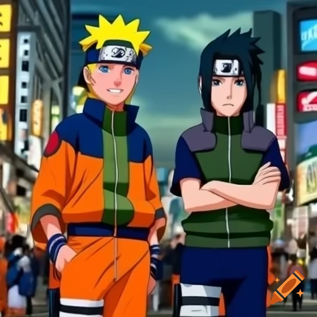 Naruto and Sasuke in Shibuya, showcasing urban anime culture