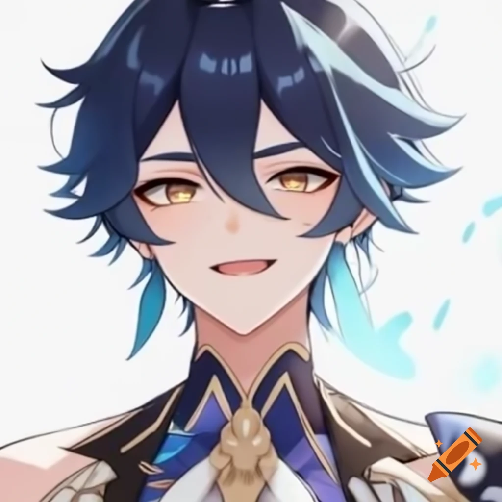 Young adult male character from Genshin Impact in splash art style, smiling and confident