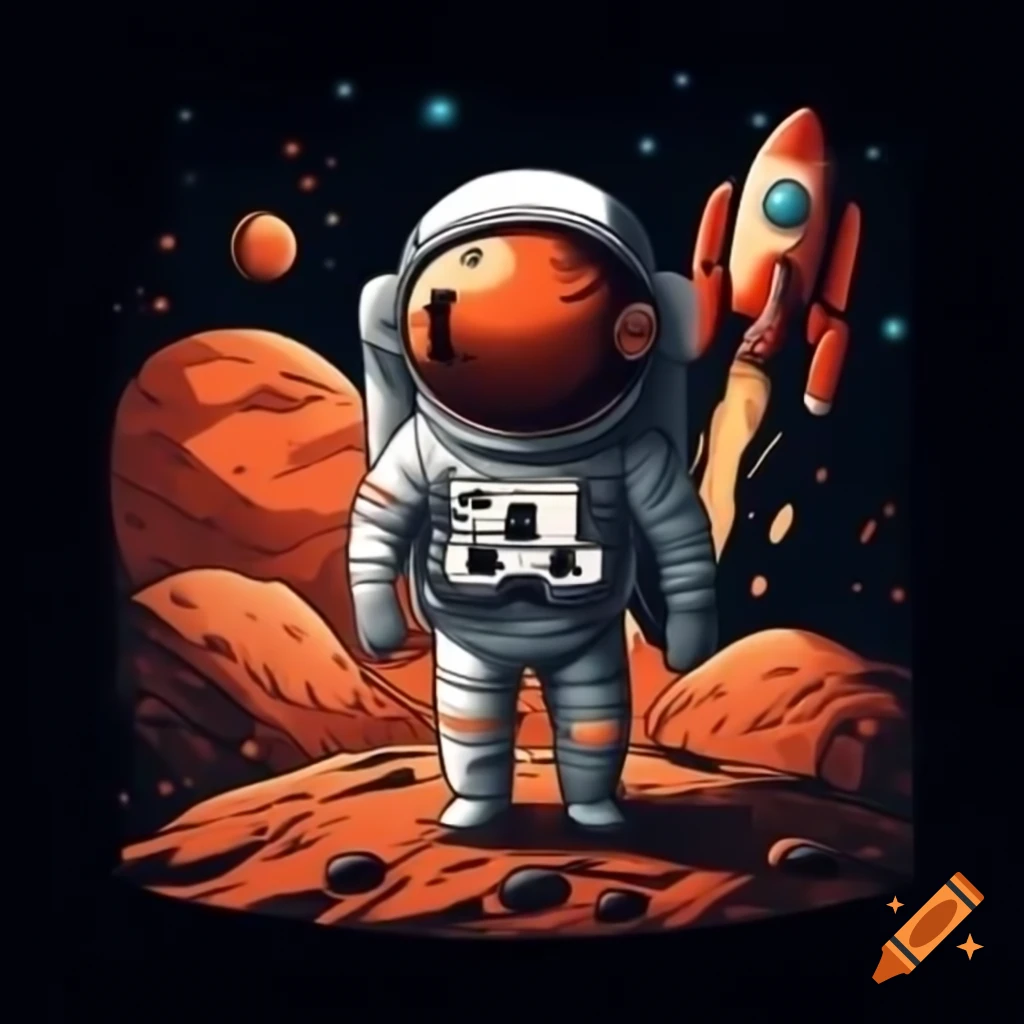 Realistic drawing of astronaut on Mars with rocket