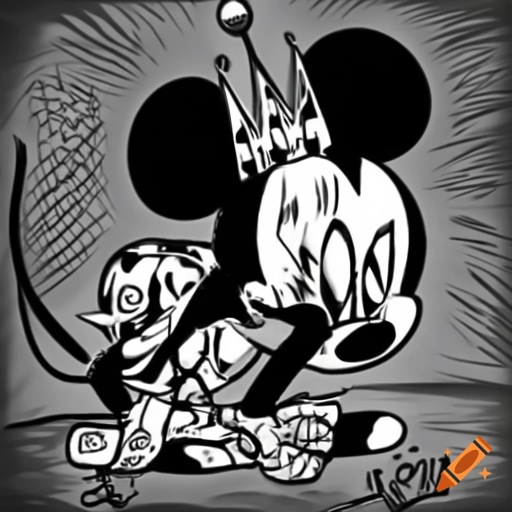 Comical black and white scribbled drawing of a troubled war survivor in a circus, inspired by 90s Mickey Mouse