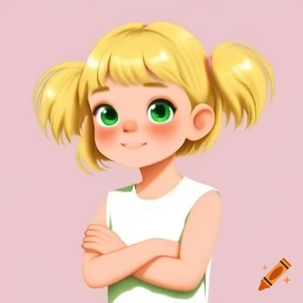 Anime girl with blonde hair and green eyes in pink sleeveless t shirt