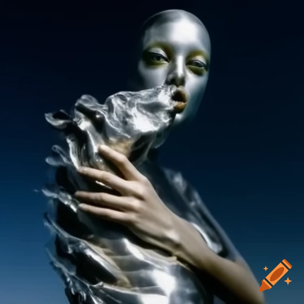 Pop surreal photography featuring a silver statue from the 2000s