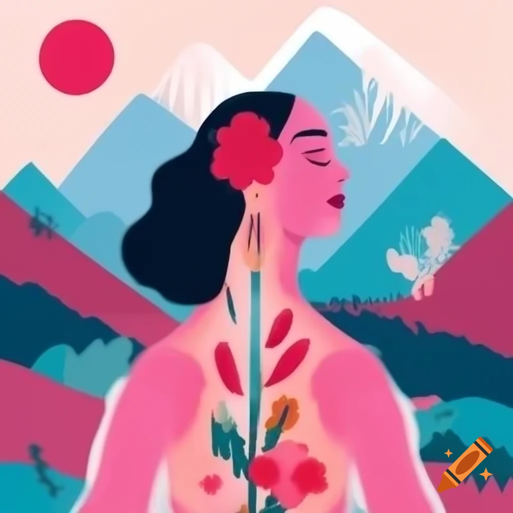 Abstract illustration of woman in mountain landscape with pink flowers, health concept