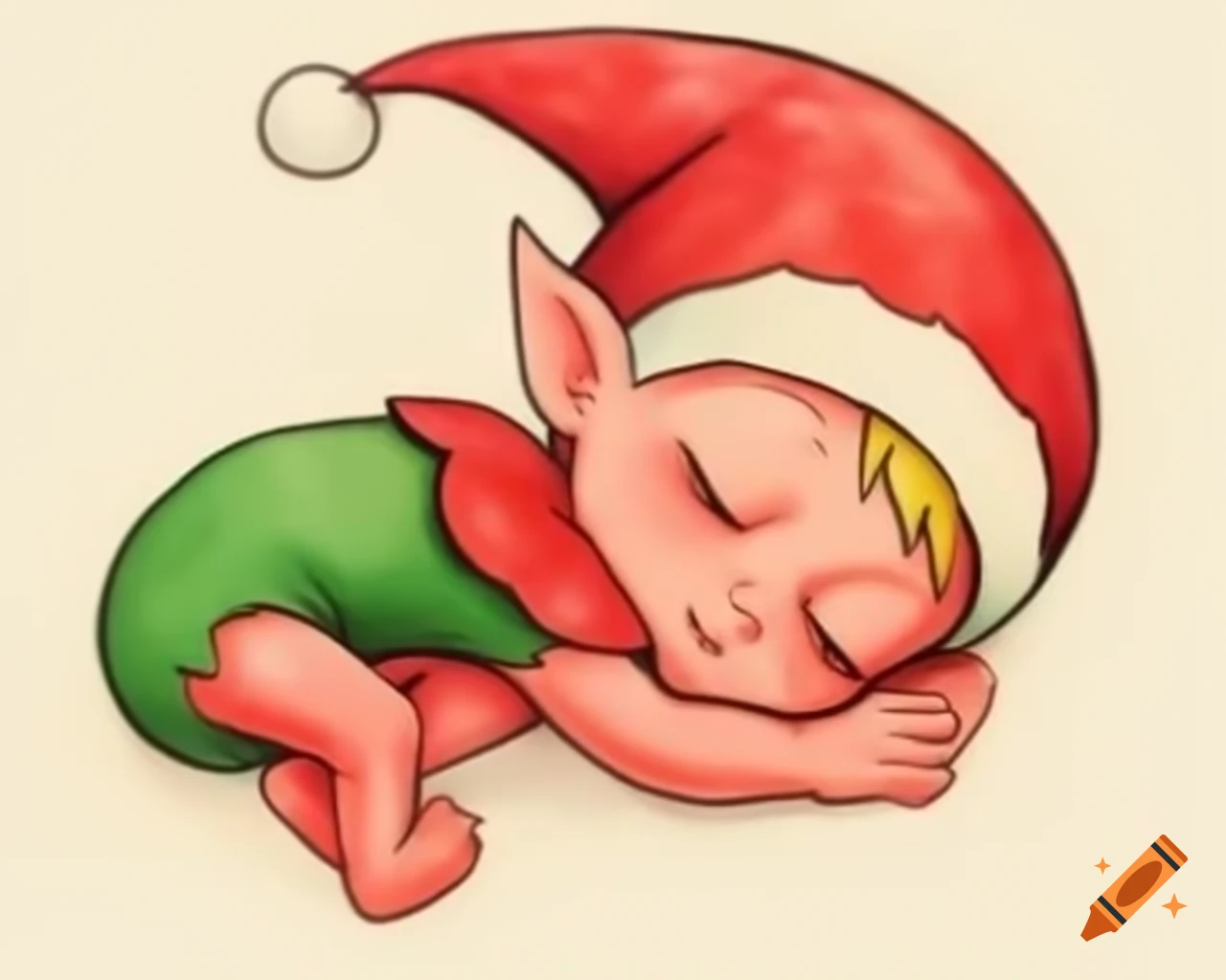 Gum nut baby elf sleeping in watercolor shades of red, green, and gold, cartoon style