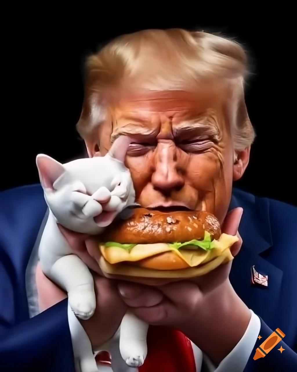 Satirical image of man holding a kitten in a burger bun with humorous twist