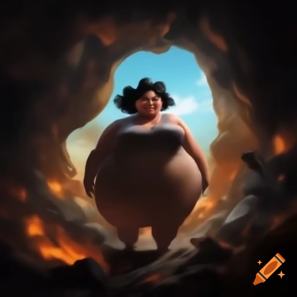 Strong lady with black hair defending cave from war and explosions