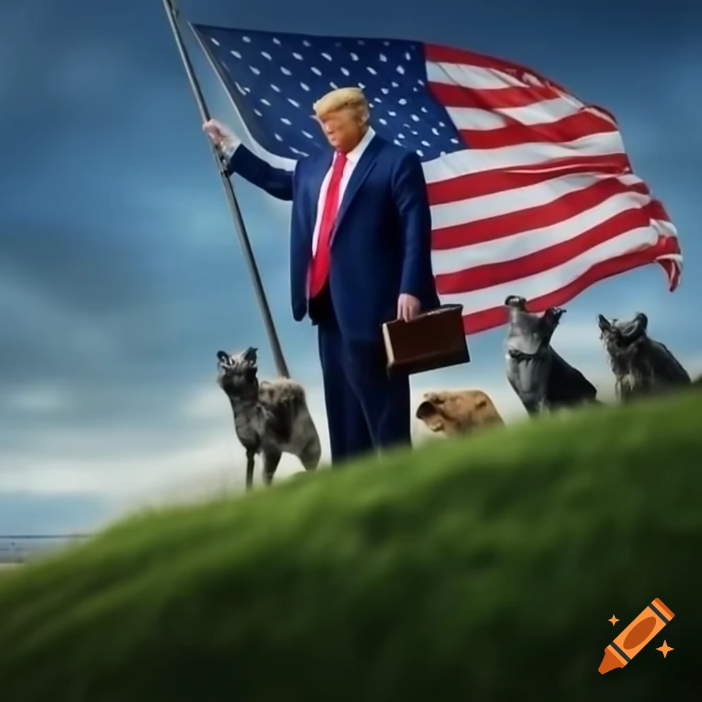 Donald Trump on grassy hill holding American flag surrounded by cats and dogs