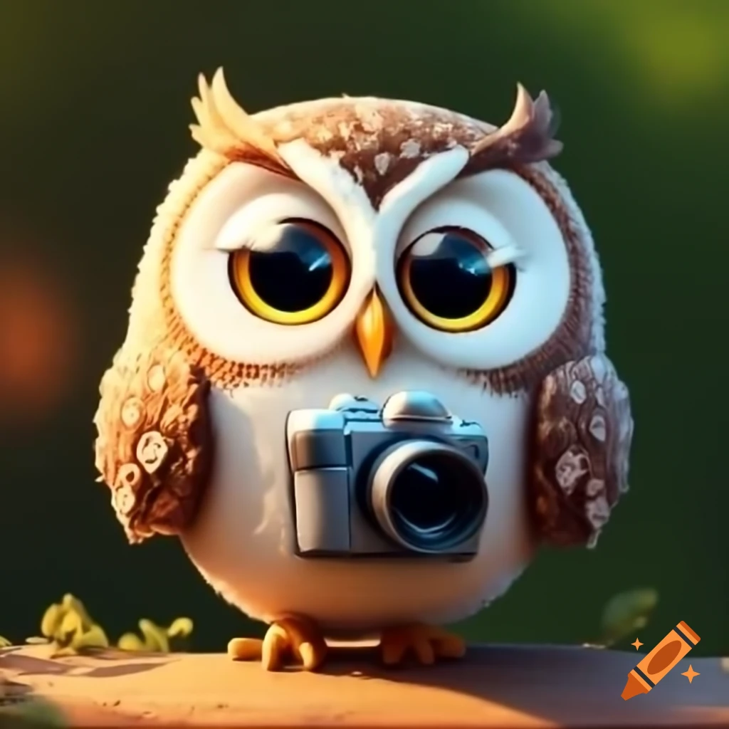 Owl holding a camera in its beak