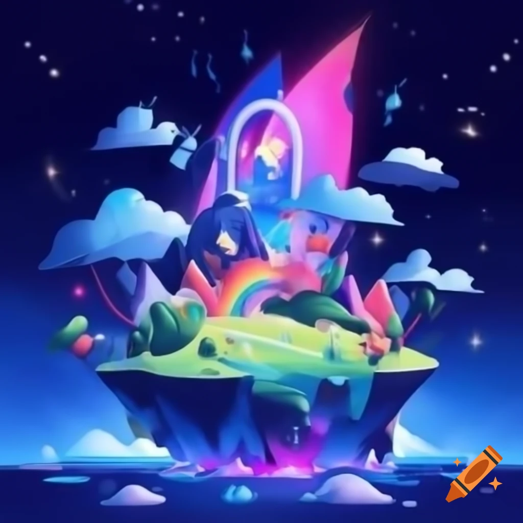 Vibrant, whimsical scene of the Magical Island of Emotions with colorful landscapes and twinkling stars