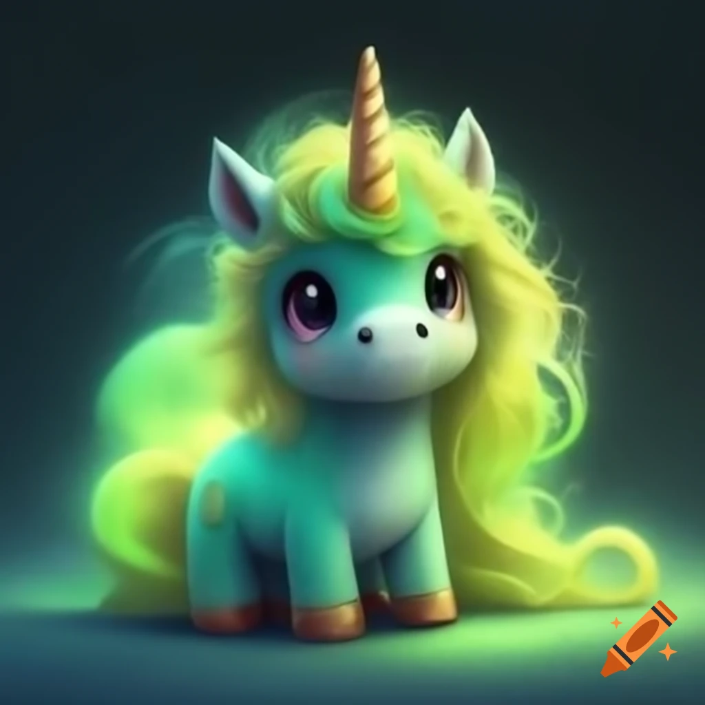 Cute green unicorn with aurora-colored curly hair