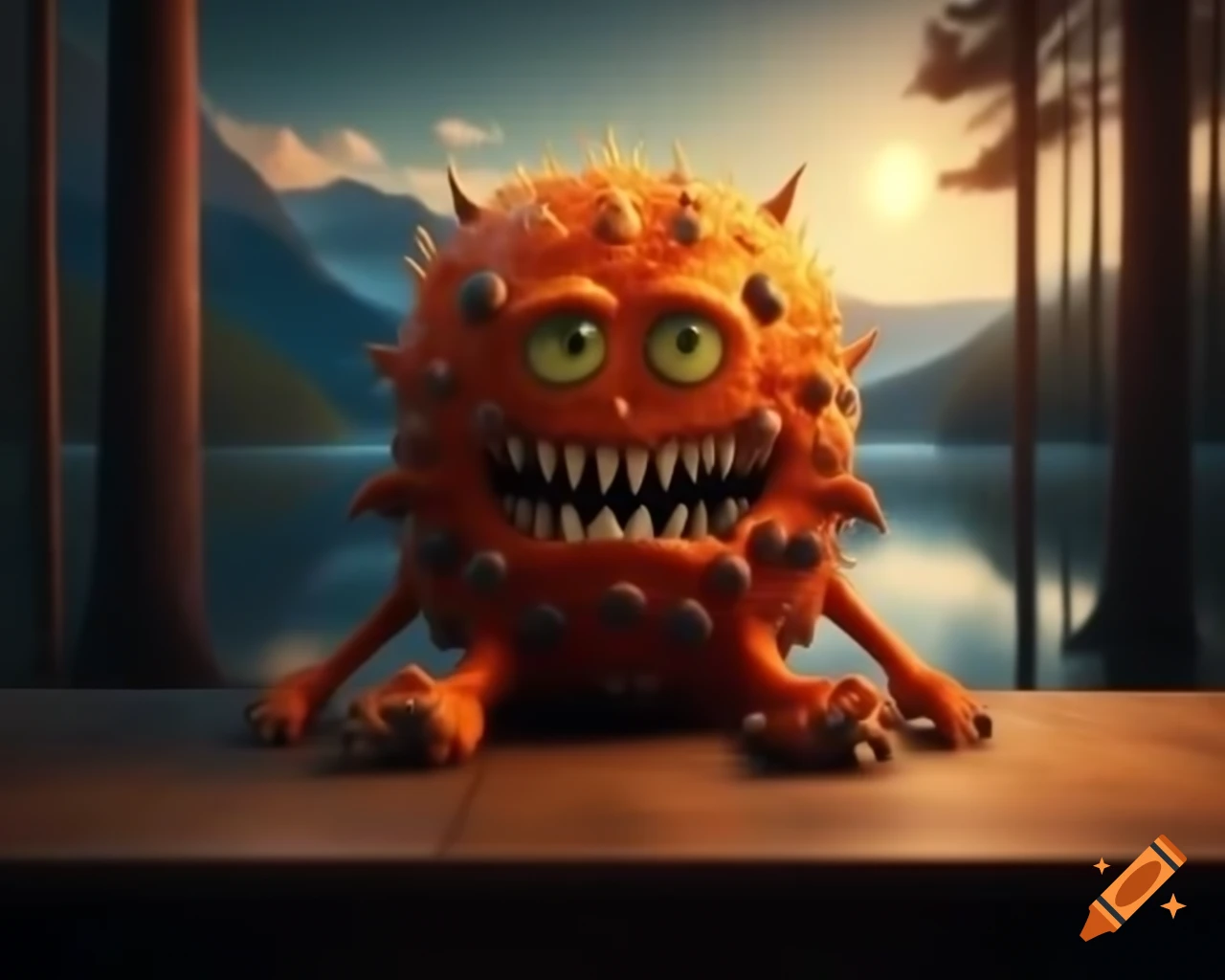3D orange tree monster with human face on wooden table in forest