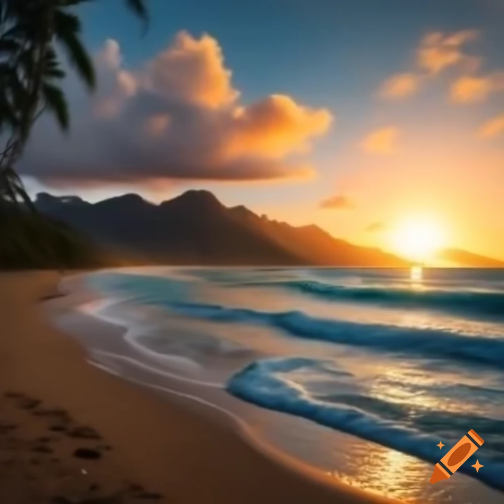 Realistic Hawaiian beach sunset with mountains and waves