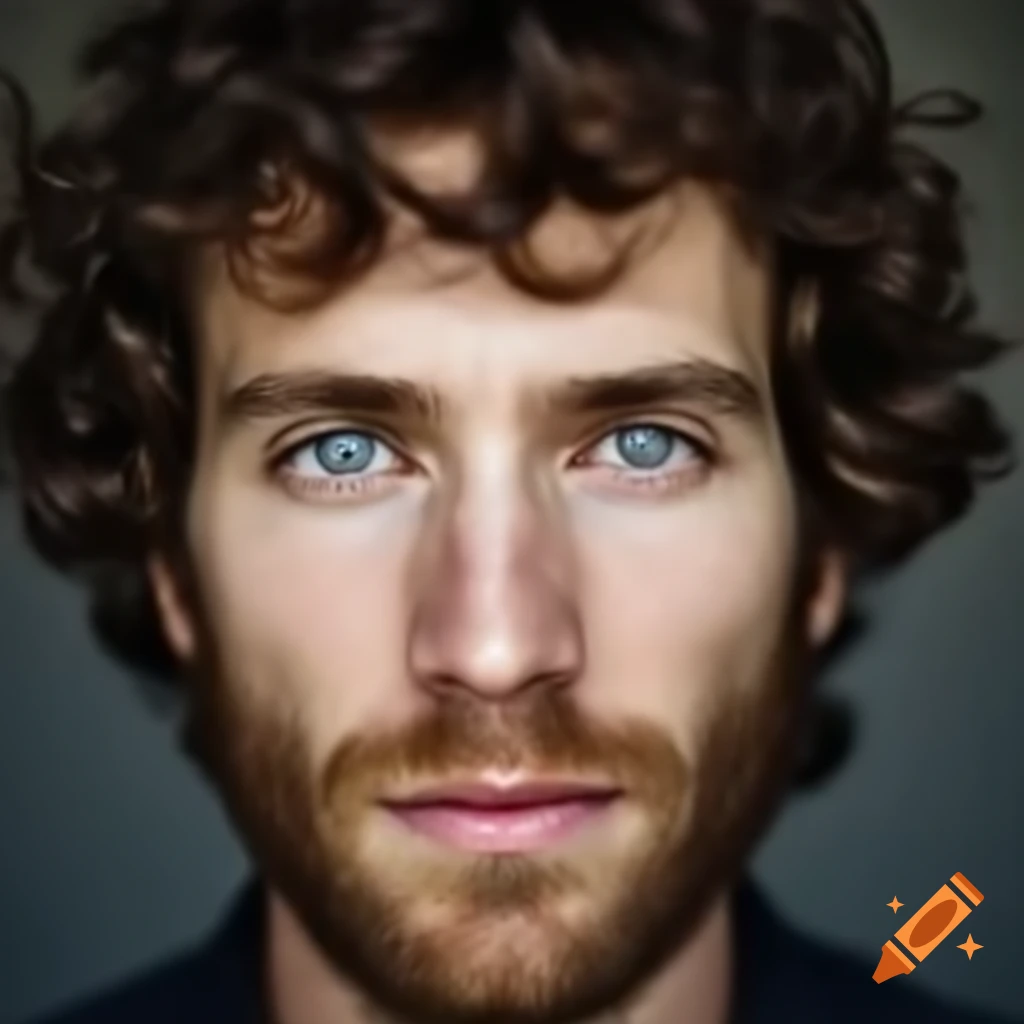 Portrait of a man with curly brown hair and blue eyes, age 35