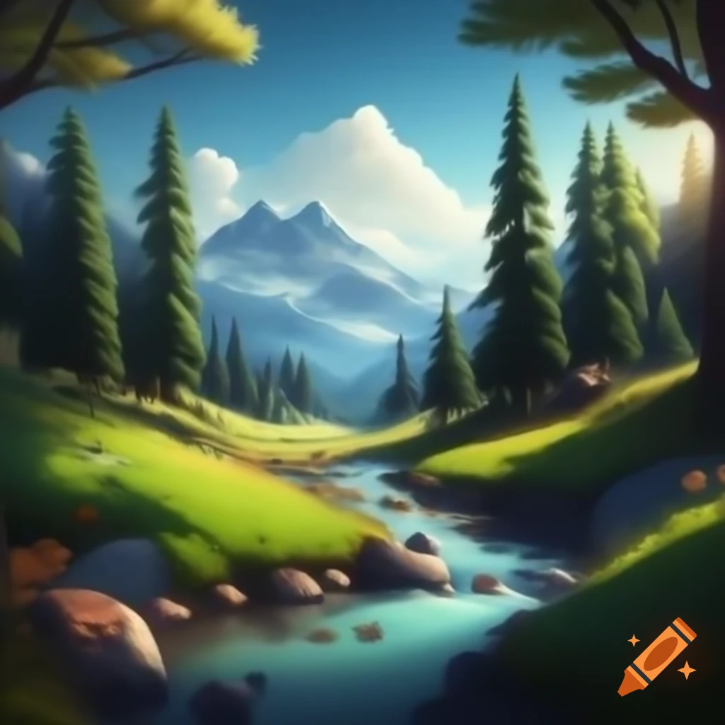 Serene nature landscape with lush green forest and tall trees