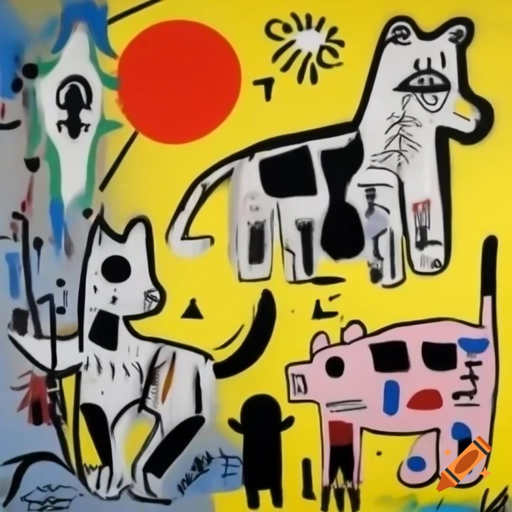 Colorful painting featuring multiple animals by Jean-Michel Basquiat and Wifredo Lam