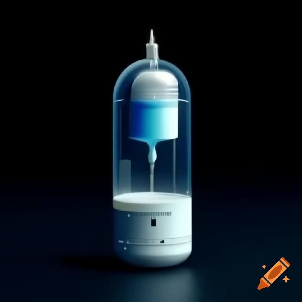 Futuristic handheld device for injecting milk, detailed cylinder on black background