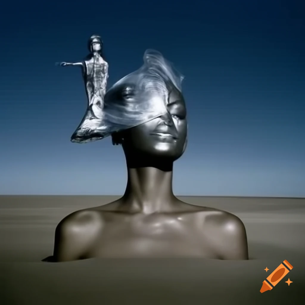 Pop surreal photography featuring silver statue from 2000s