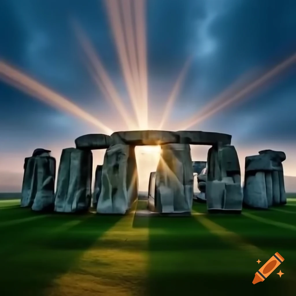 Eerie Stonehenge with glowing light beams in fog, emphasizing ancient mystery