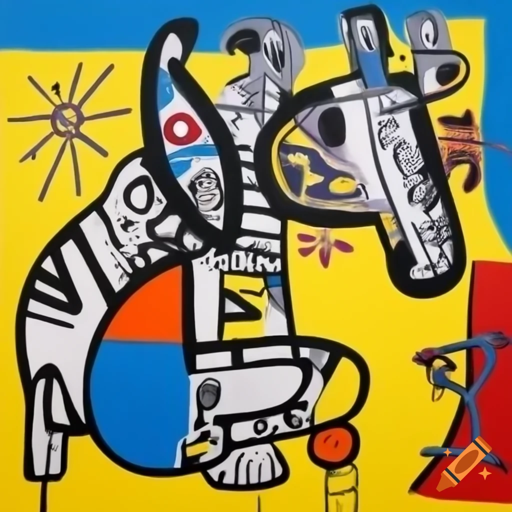 Colorful painting featuring multiple animals by Jean-Michel Basquiat and Wifredo Lam