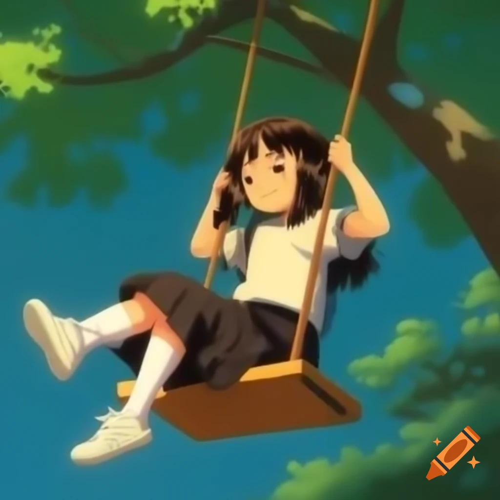 Anime girl swinging outdoors