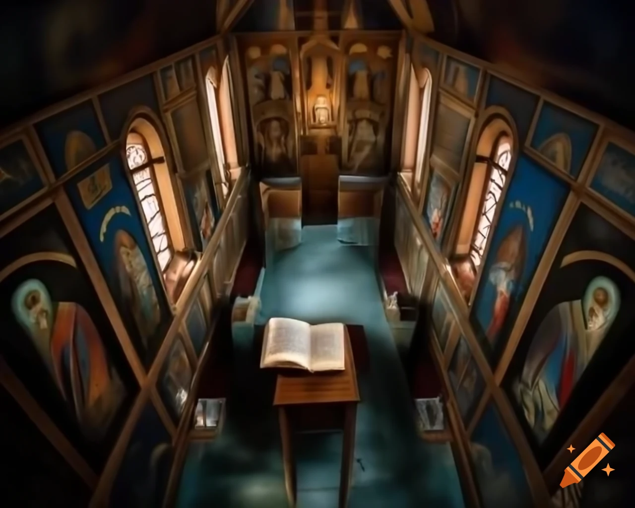 Open book on table in church with iconostasis and beautiful illumination