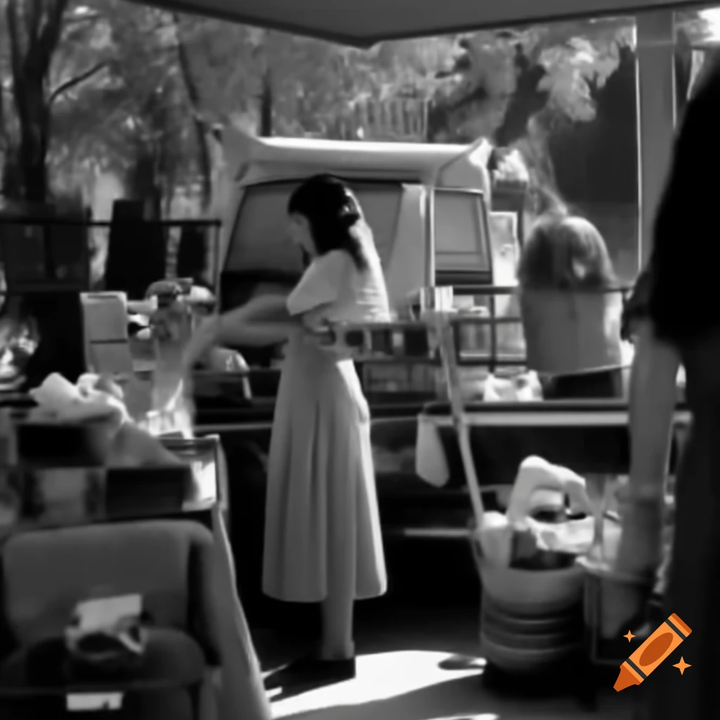 Brunette females shopping at garage sale in tree-filled neighborhood