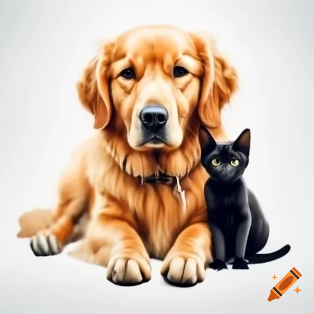 Adult golden retriever and black kitten sitting together