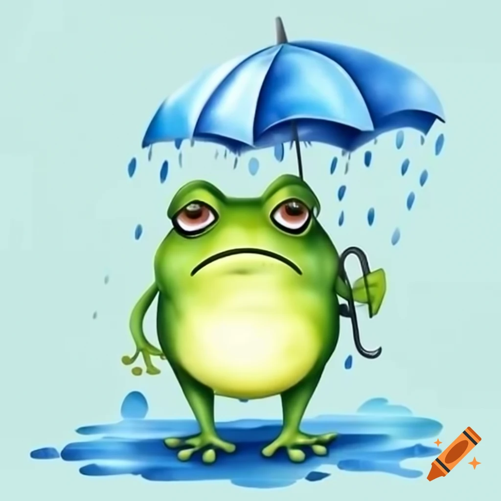 Grumpy frog holding umbrella in rain