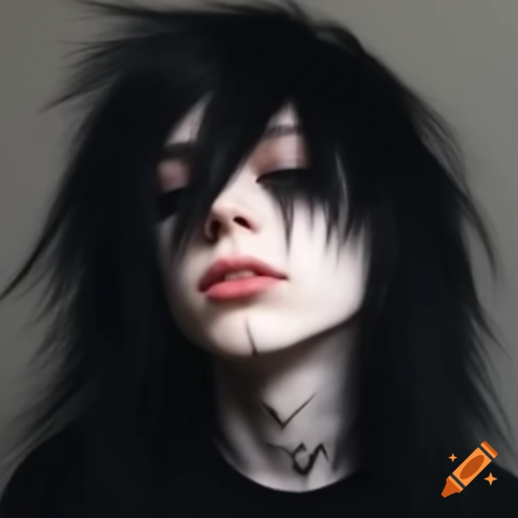 Tall skinny emo boy with long black hair and septum piercing