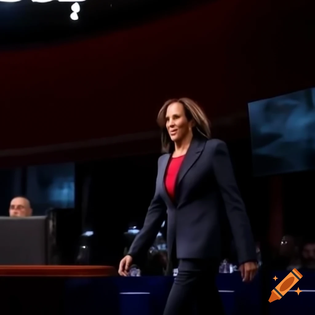 Kamala Harris confidently on debate stage, Trump hunched and angry at his podium, photorealistic
