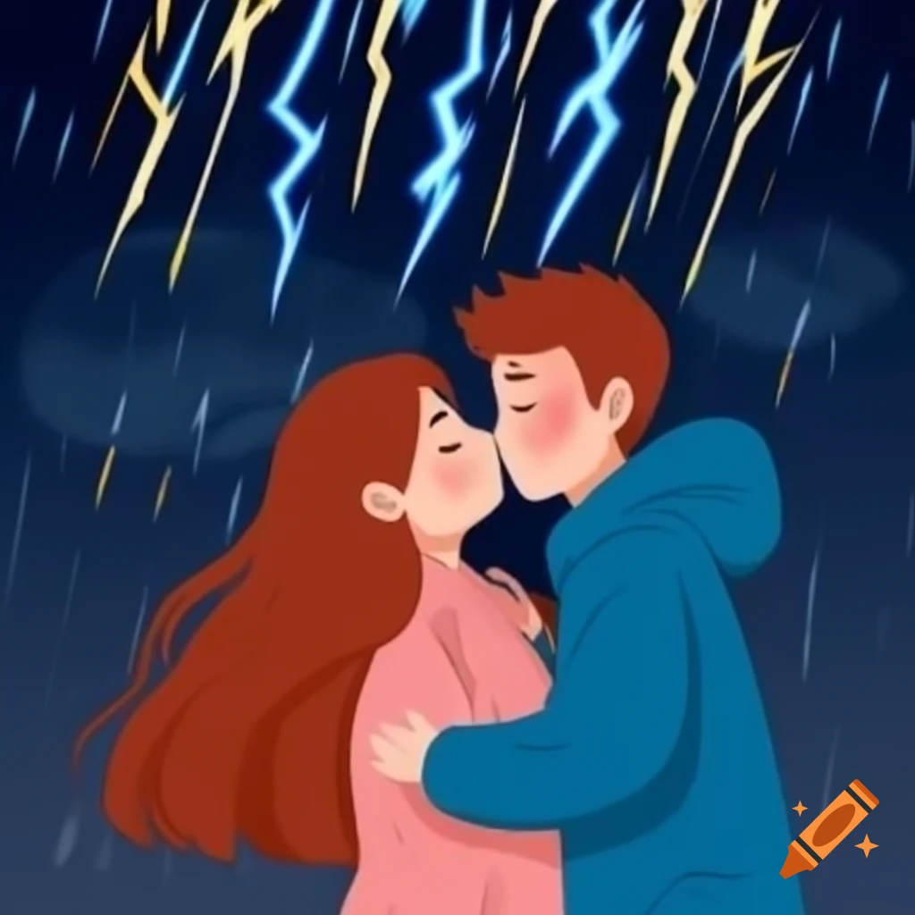 Couple kissing in the rain with dramatic lightning background