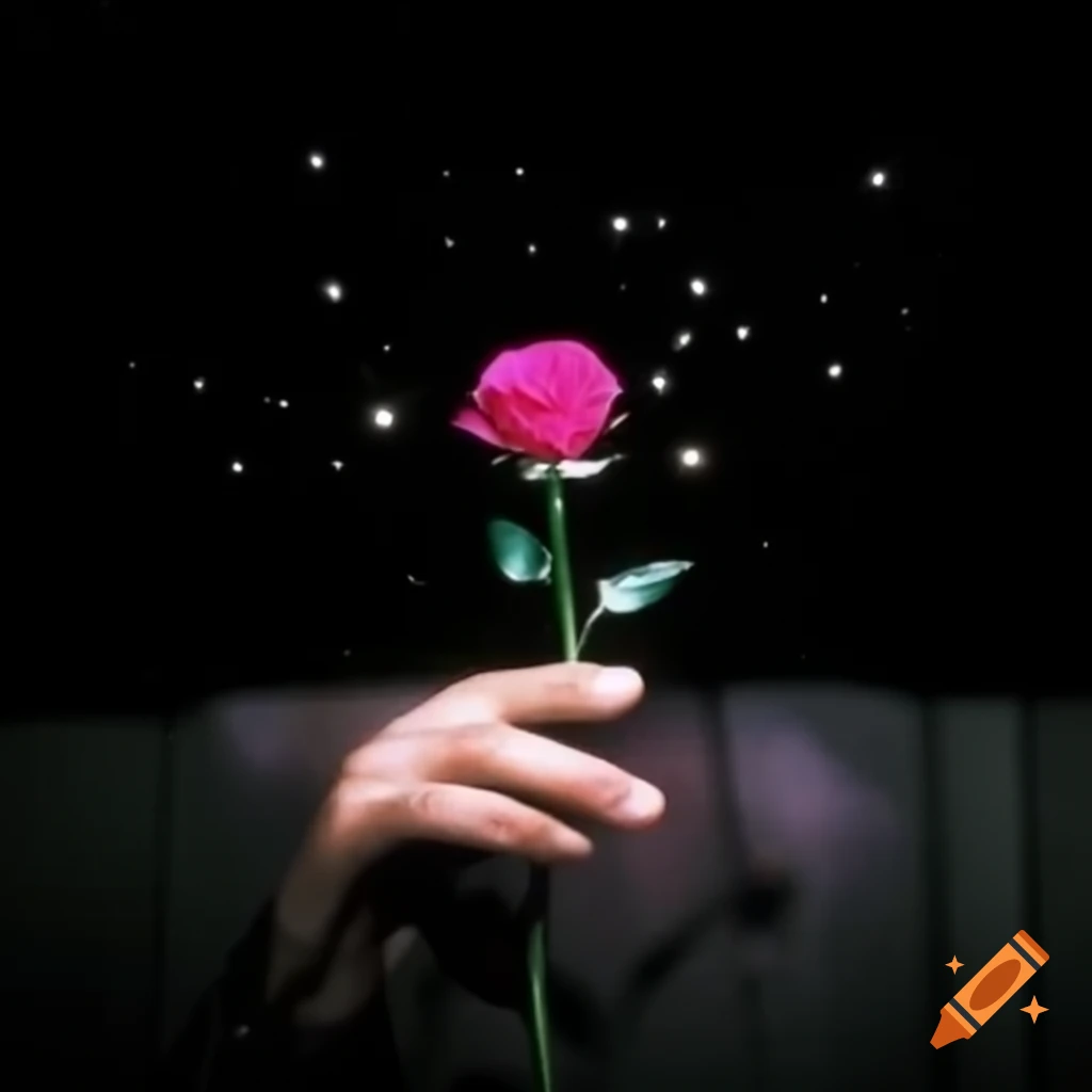 Man giving pink rose to lover under starry night with shooting star