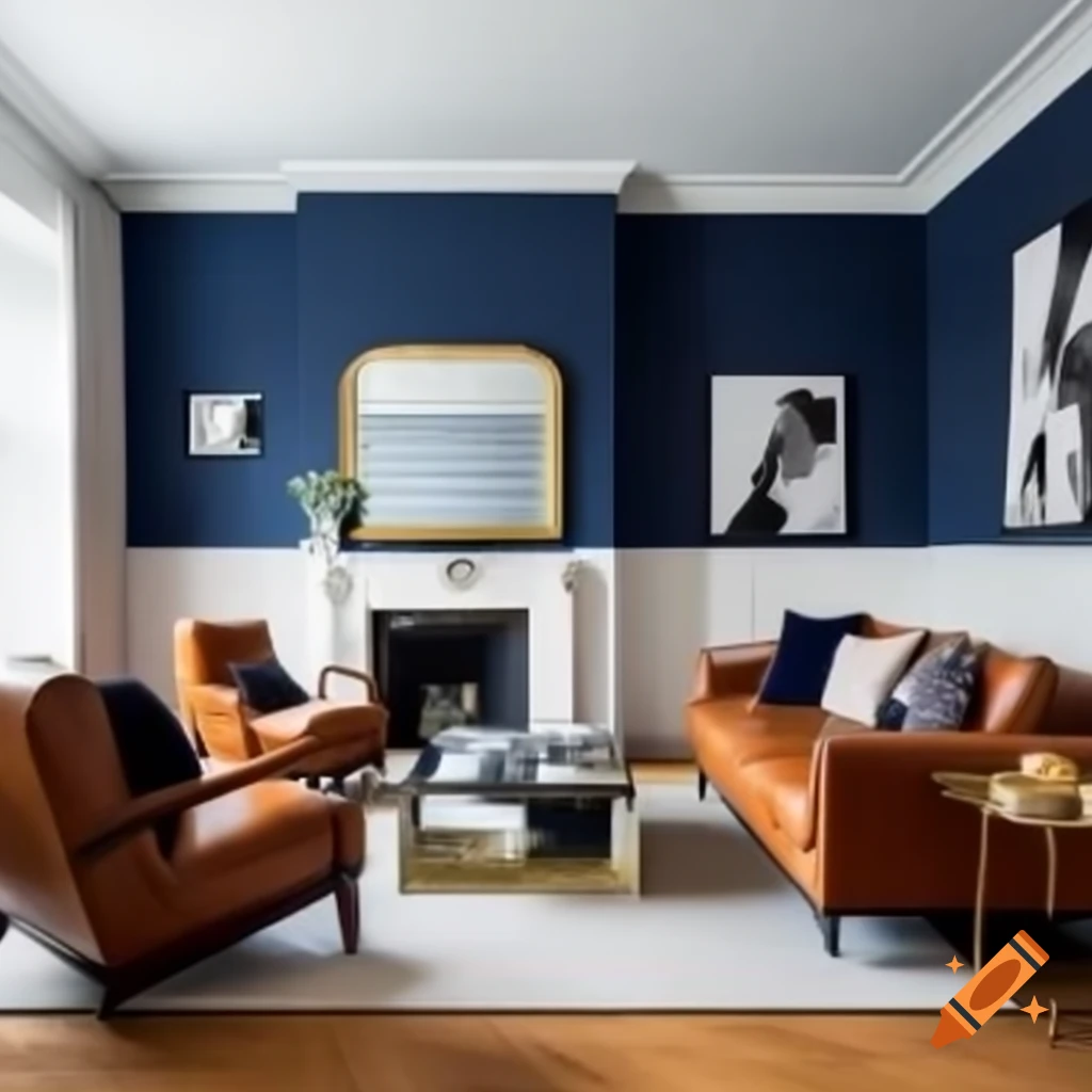 Modern classic living room with navy blue and cream wainscoting, tan leather sofa and gold accents